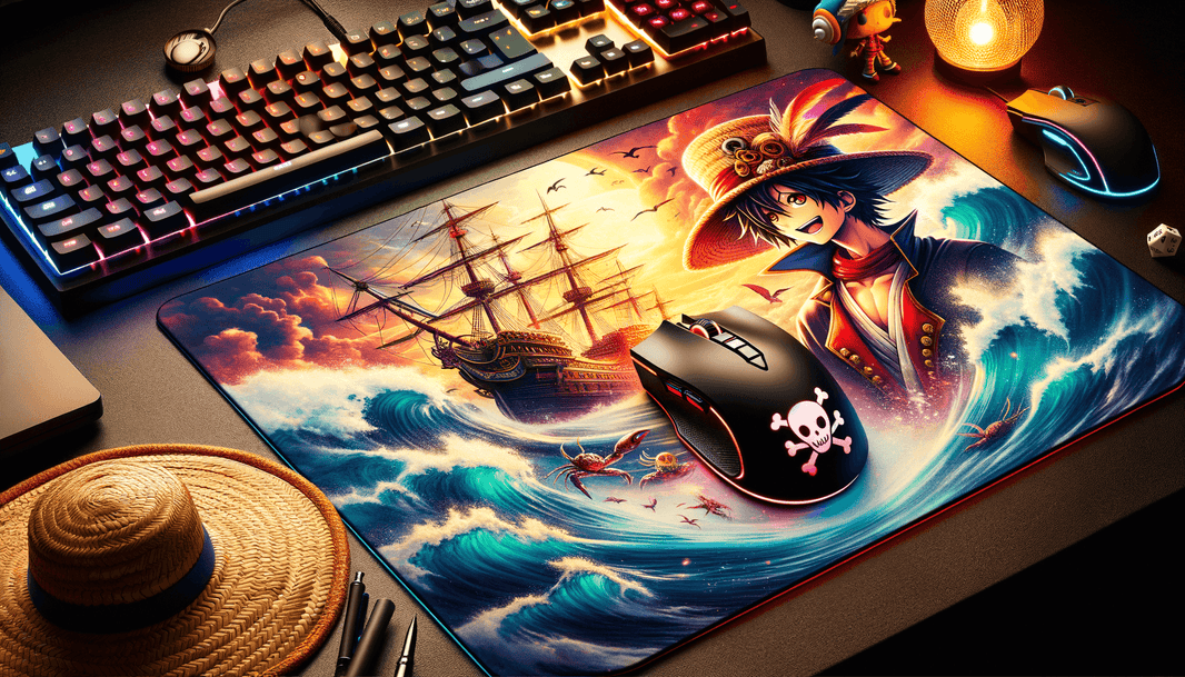 tapis de souris XXL One Piece avec designs colorés et éléments iconiques de l'anime.