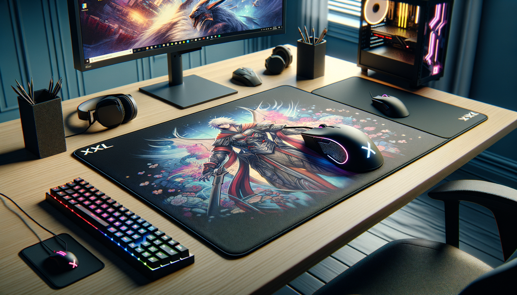 Tapis de souris XXL rigide illustrant des graphismes manga sur un bureau moderne.