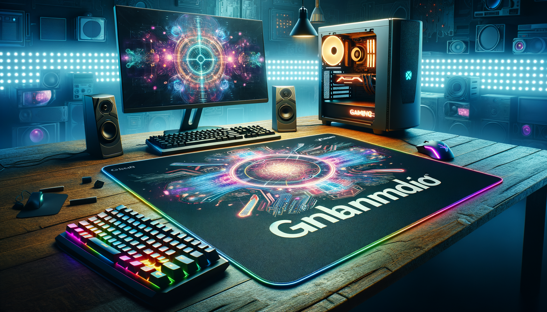 Visuel d'un tapis de souris XXL Aukey dans un setup gaming dynamique.
