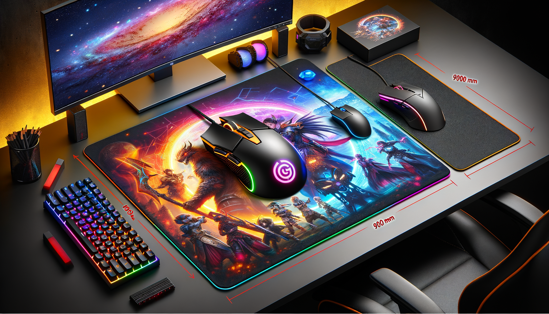 Tapis de souris xxl rgb 900x400 avec motifs colorés sur un bureau gamer.