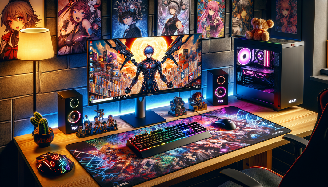 Tapis de souris XXL 900x400 avec design manga vibrant dans un setup gaming.