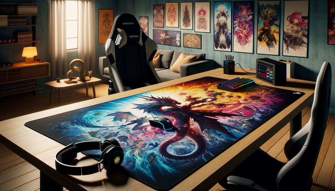 Tapis de souris XXL anime avec personnages colorés sur un bureau de jeu.