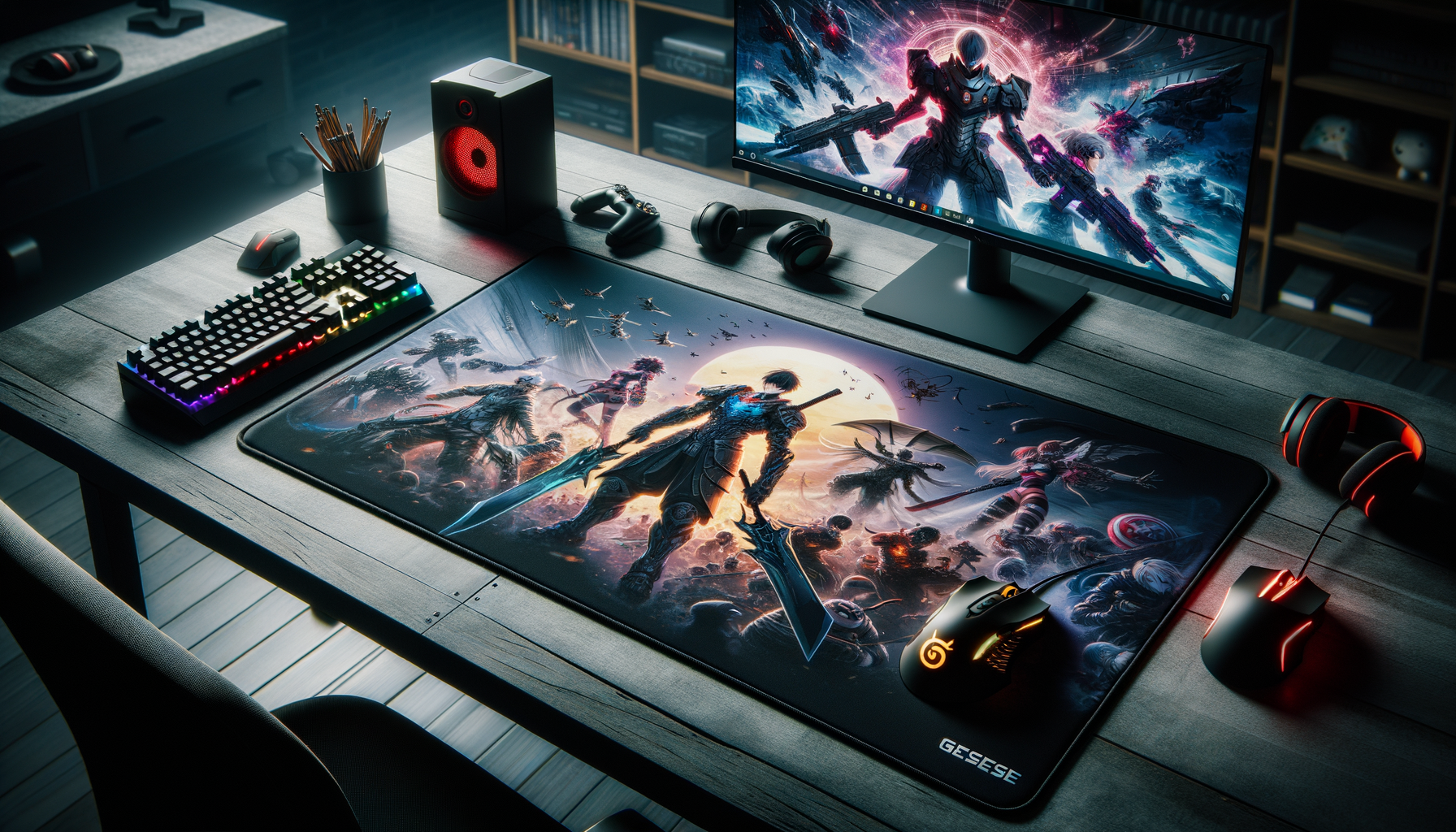 Tapis de souris XXL Glorious sur un bureau gaming moderne, avec des designs manga.