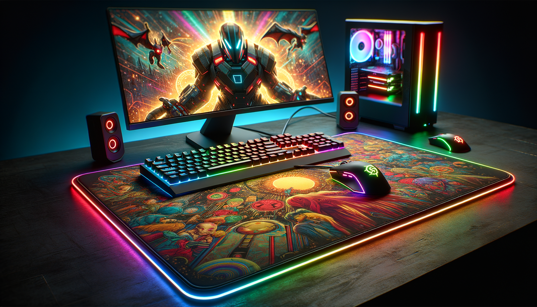Tapis de souris XXL LED avec éclairage RGB vibrant dans un setup gamer moderne.
