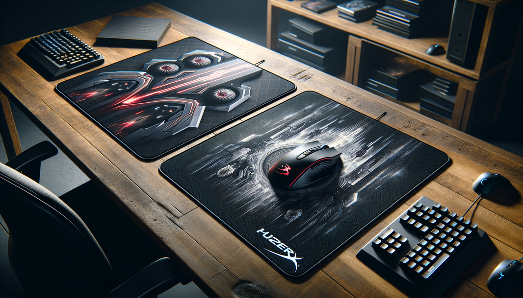 Comparer le HyperX Fury S et Pulsefire Mat XXL pour gamers sur un bureau moderne.