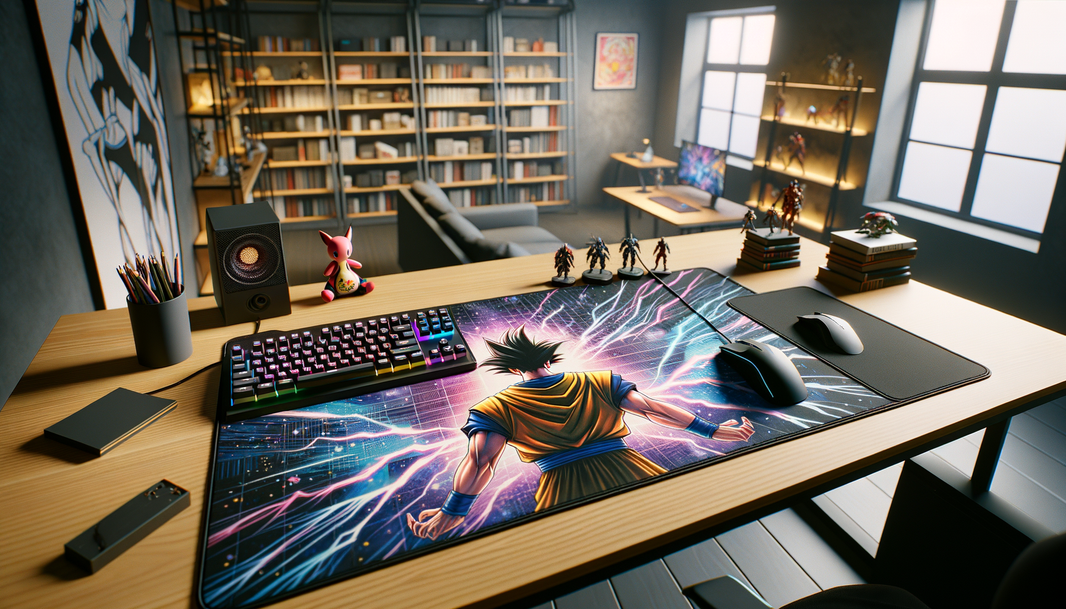 tapis de souris XXL manga anime avec des designs colorés sur un bureau élégant