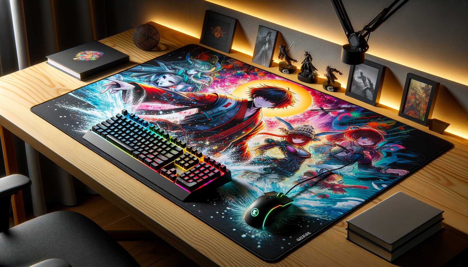 Tapis de souris XXL hydrorésistant sur un bureau de gamer avec un design manga.