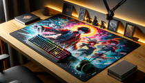 Tapis de souris XXL hydrorésistant sur un bureau de gamer avec un design manga.